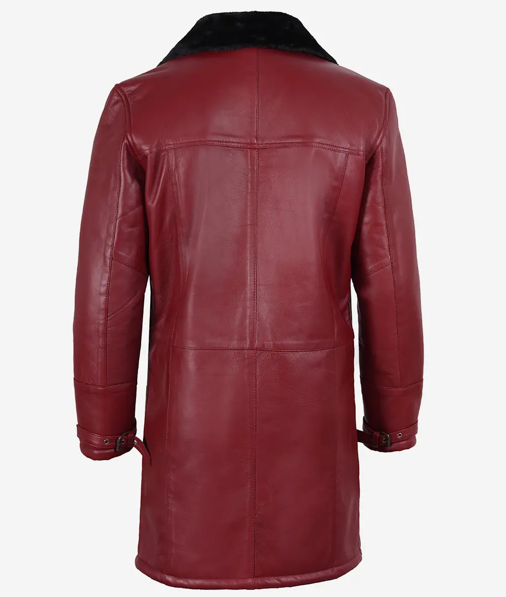 Maroon Men's Shearling Leather Coat - Black Shearling Collar & Interior