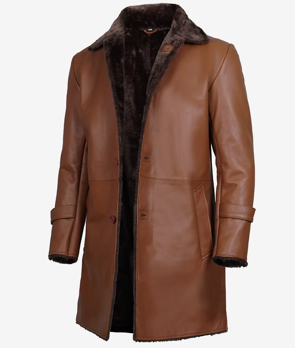 Men's 3/4 Length Cognac Shearling Leather Coat