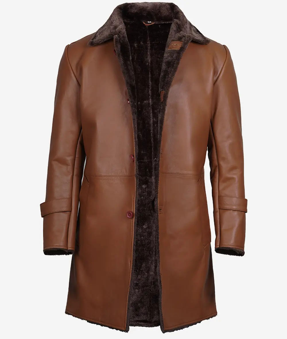 Men's 3/4 Length Cognac Shearling Leather Coat