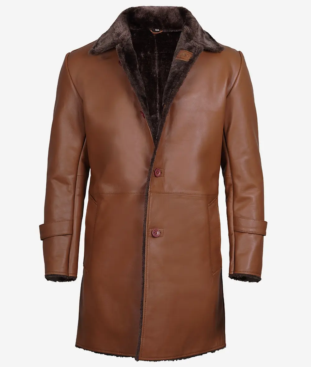 Men's 3/4 Length Cognac Shearling Leather Coat