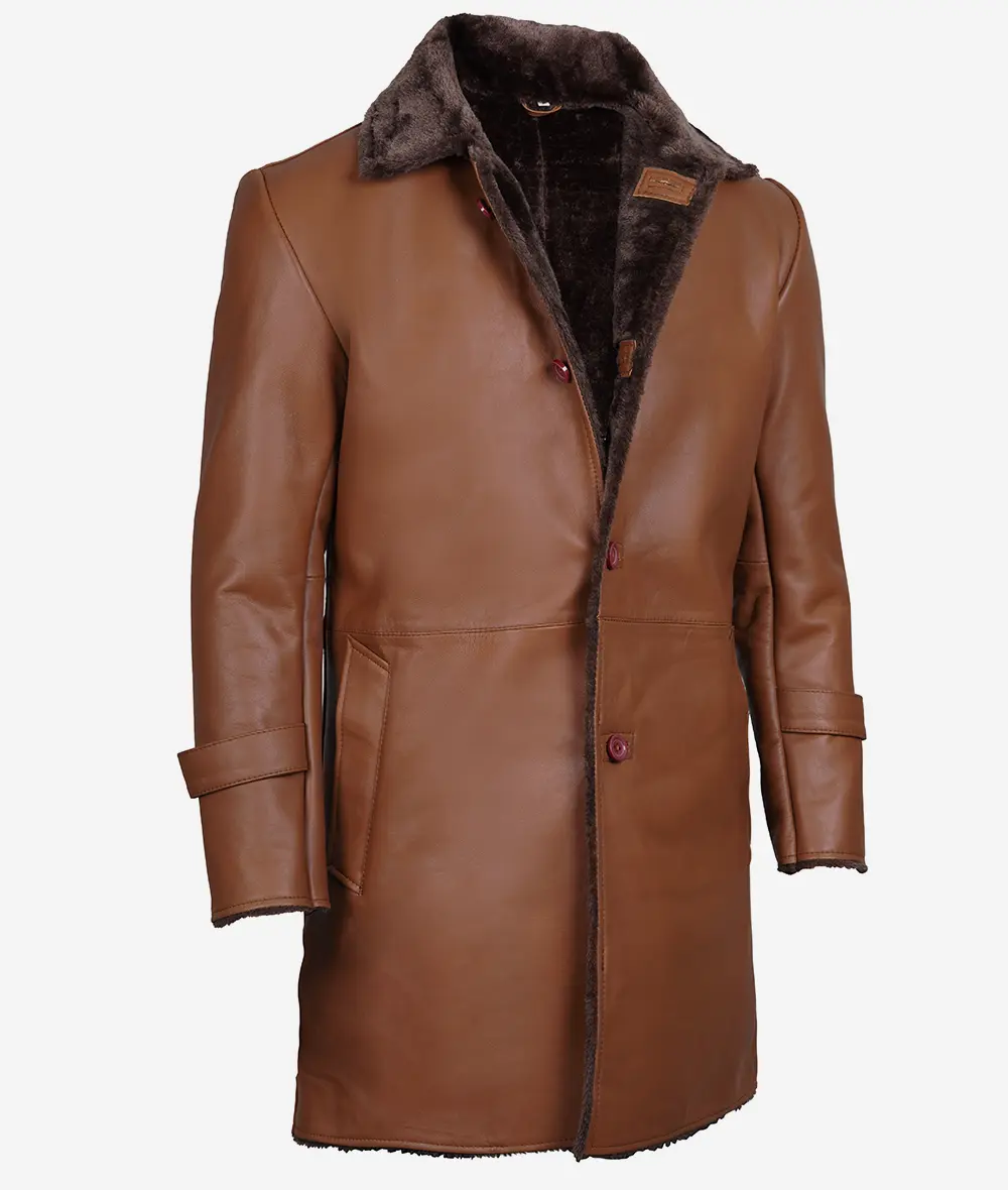 Men's 3/4 Length Cognac Shearling Leather Coat