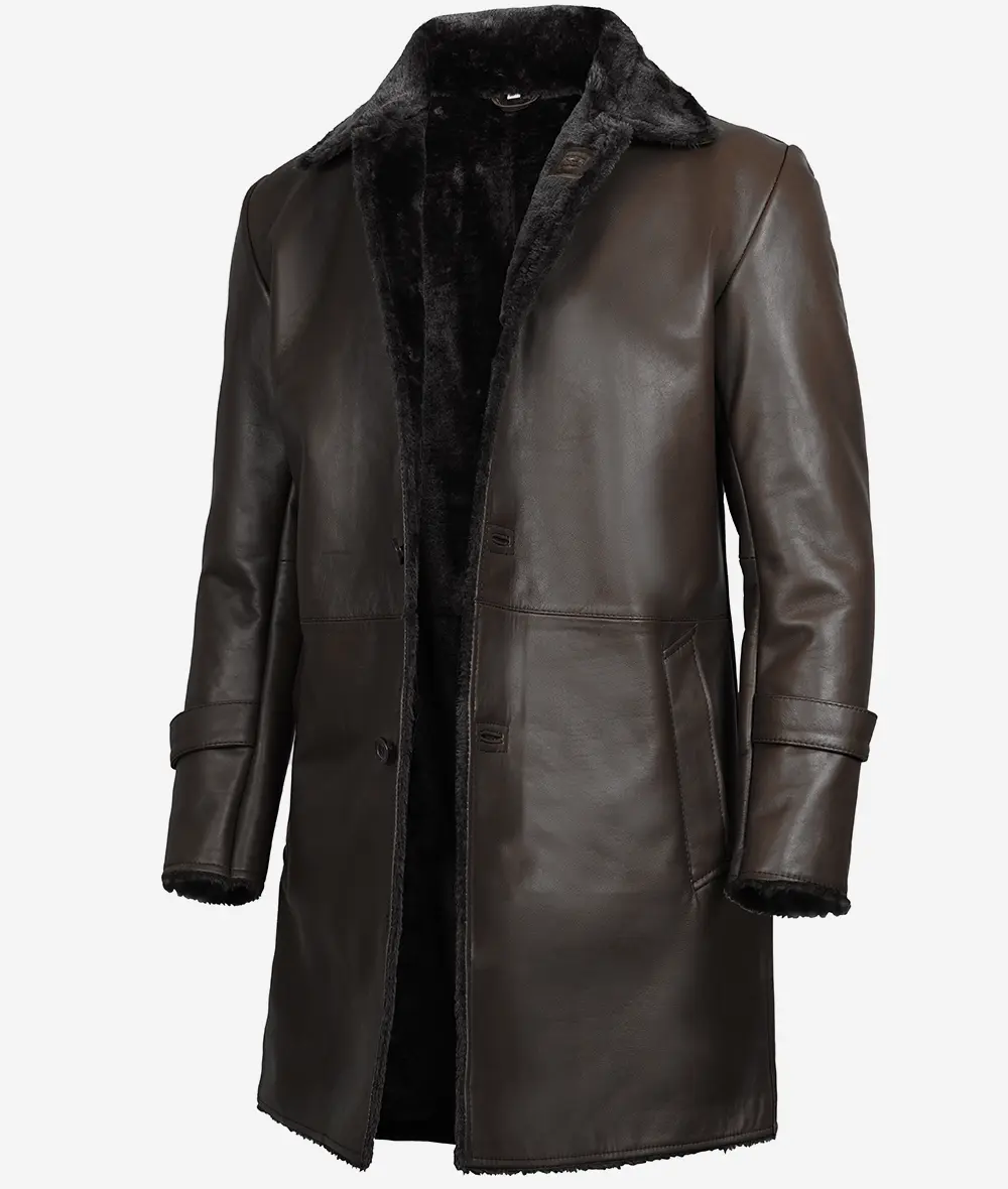 Men's 3/4 Length Dark Brown Leather Coat With Shearling