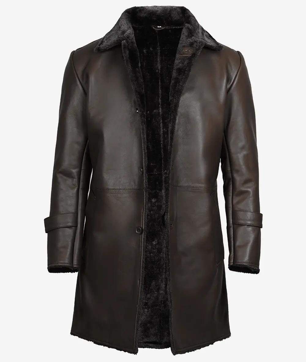 Men's 3/4 Length Dark Brown Leather Coat With Shearling