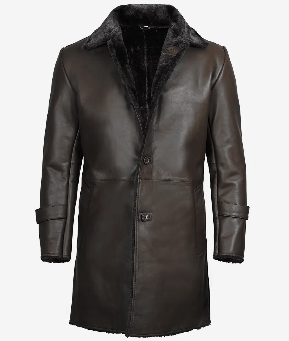 Men's 3/4 Length Dark Brown Leather Coat With Shearling