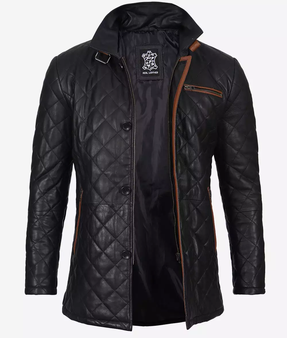 Men's Black Diamond Quilted Leather Car Coat With Brown Detailing