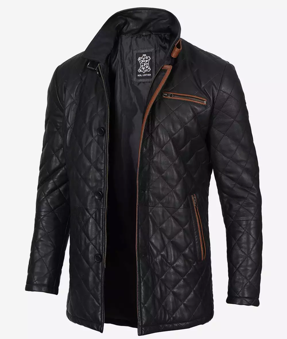 Men's Black Diamond Quilted Leather Car Coat With Brown Detailing