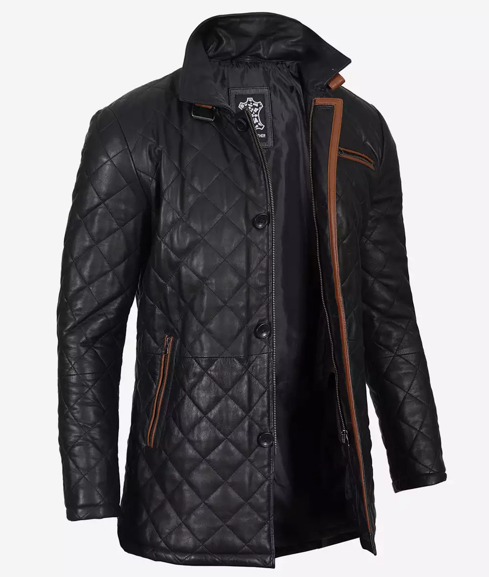 Men's Black Diamond Quilted Leather Car Coat With Brown Detailing