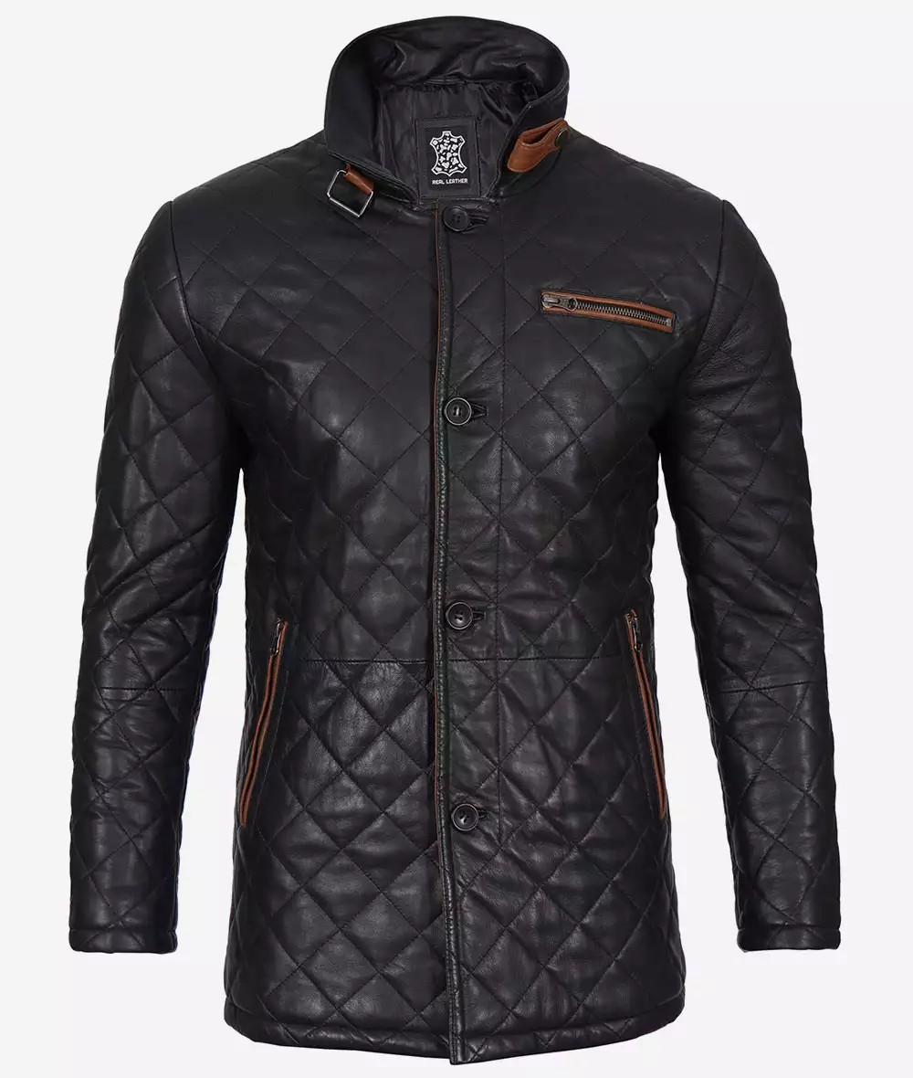 Men's Black Diamond Quilted Leather Car Coat With Brown Detailing