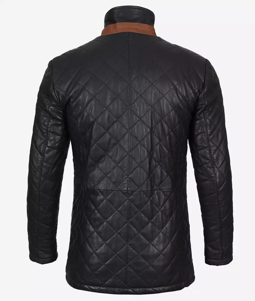 Men's Black Diamond Quilted Leather Car Coat With Brown Detailing