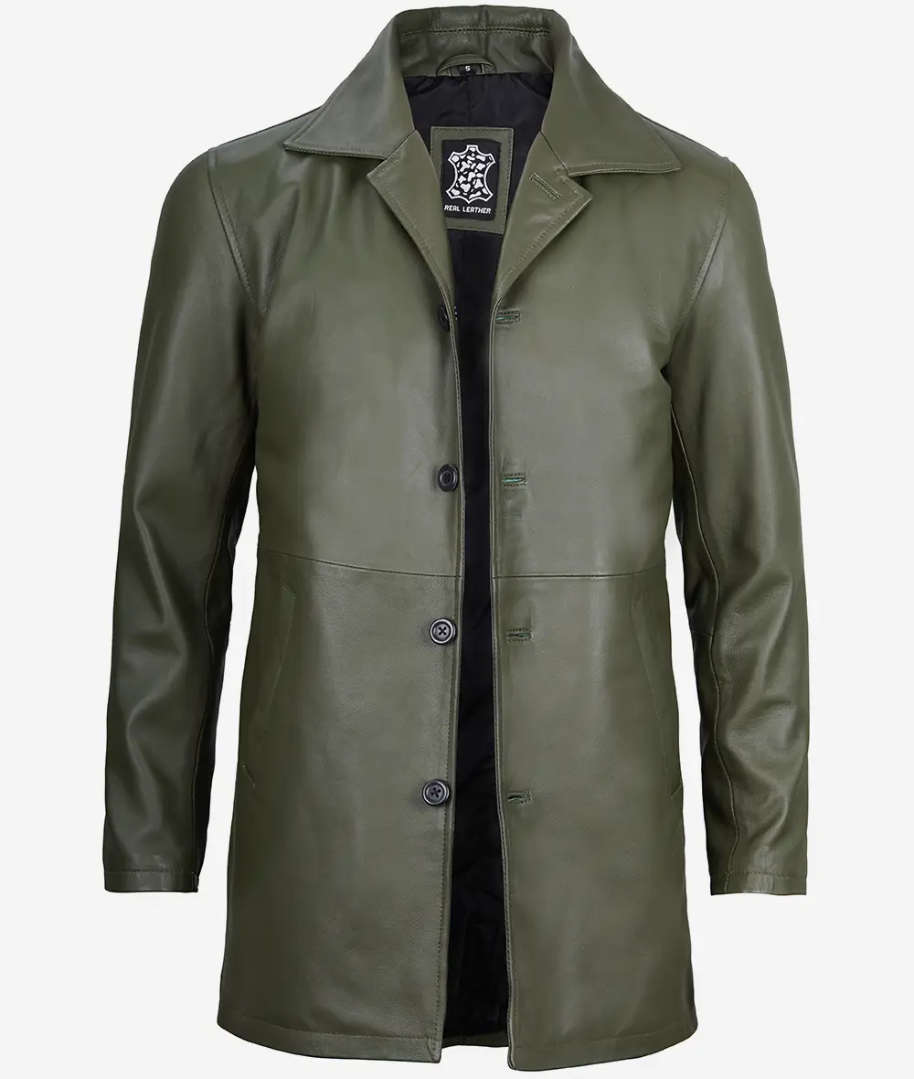 Men's Military Green Leather Car Coat