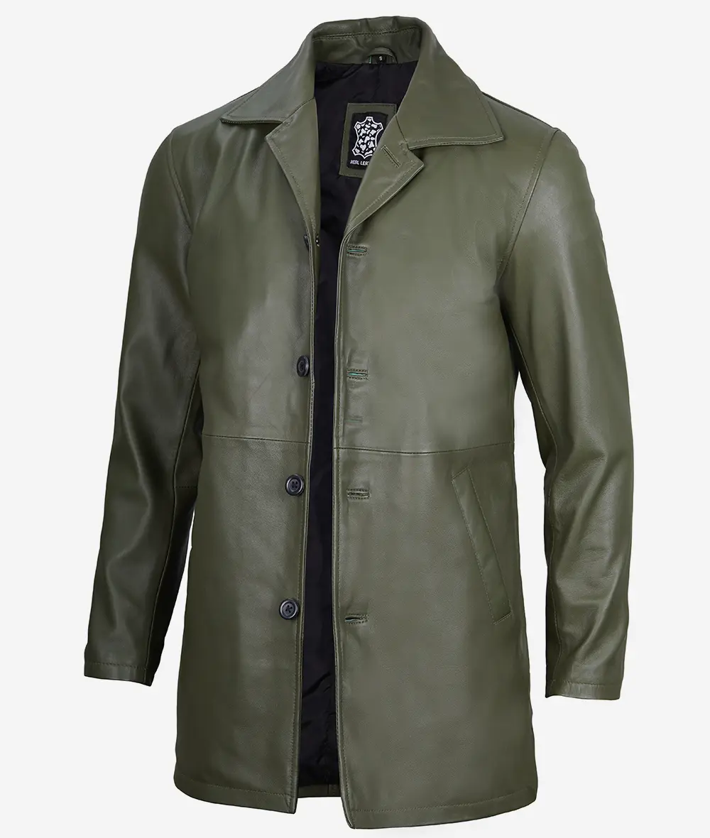 Men's Military Green Leather Car Coat