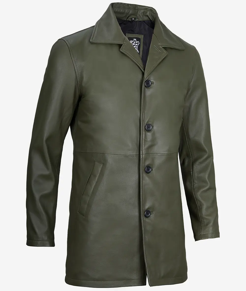 Men's Military Green Leather Car Coat