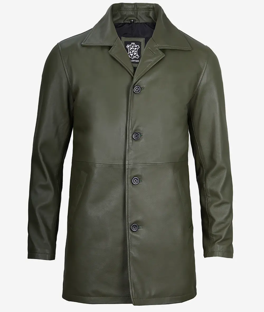 Men's Military Green Leather Car Coat