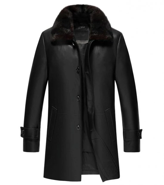 Men's Premium Black Leather Coat with Shearling Collar