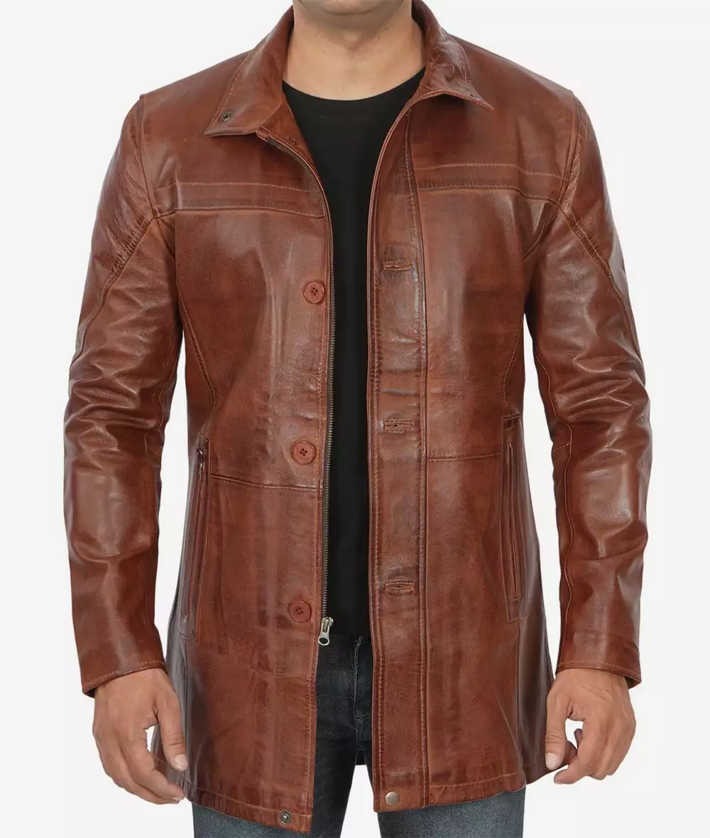 Men's Tall Premium Cognac Waxed Leather Car Coat