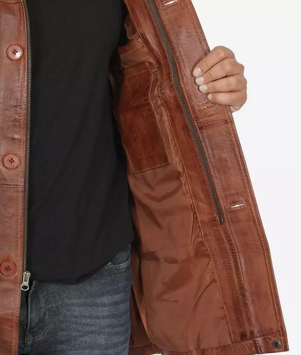 Men's Tall Premium Cognac Waxed Leather Car Coat