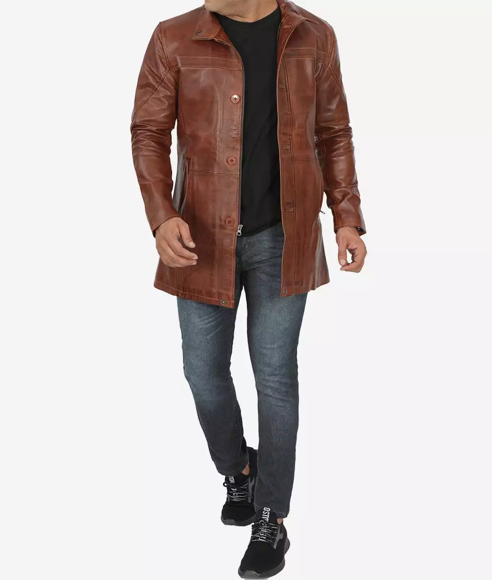 Men's Tall Premium Cognac Waxed Leather Car Coat