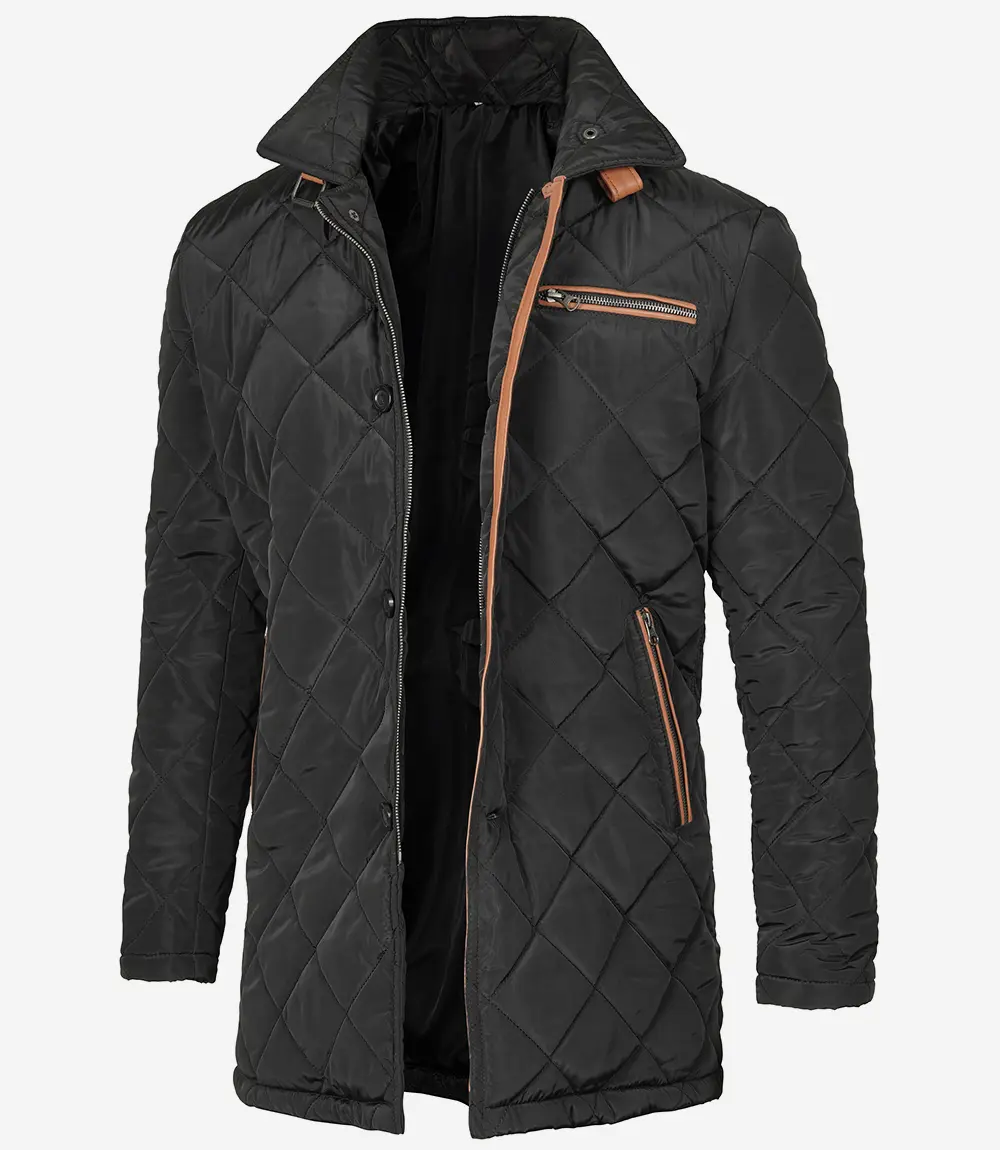 Mens 3/4 Length Black Quilted Polyester Coat With Brown Detailing