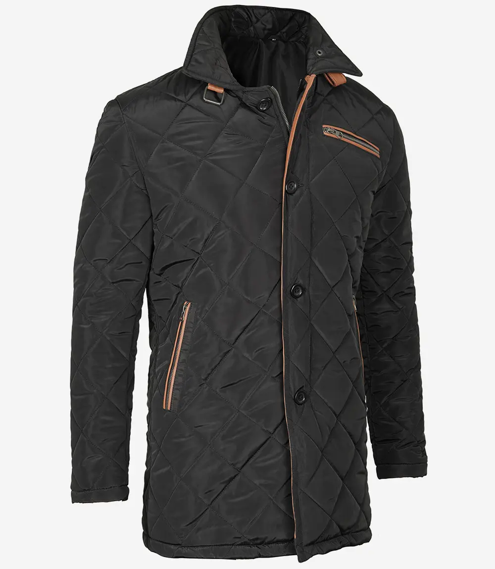 Mens 3/4 Length Black Quilted Polyester Coat With Brown Detailing