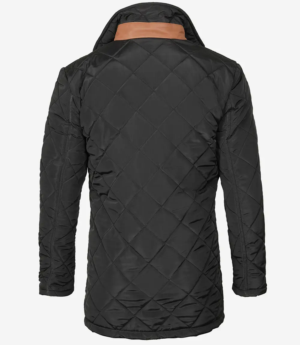 Mens 3/4 Length Black Quilted Polyester Coat With Brown Detailing