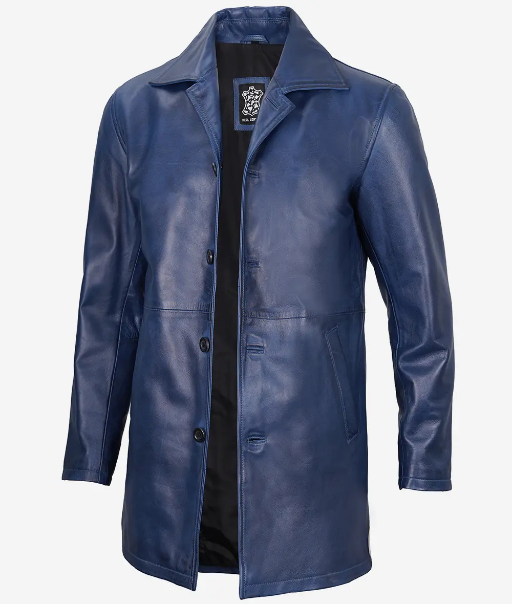 Mens 3/4 Length Blue Waxed Leather Car Coat