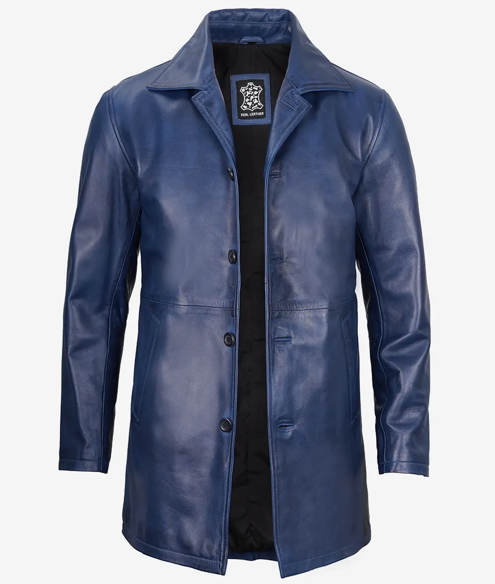 Mens 3/4 Length Blue Waxed Leather Car Coat