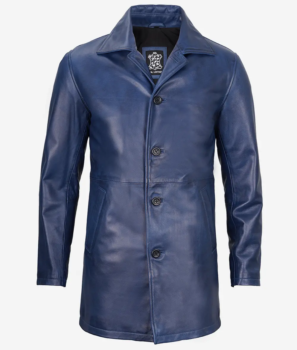 Mens 3/4 Length Blue Waxed Leather Car Coat