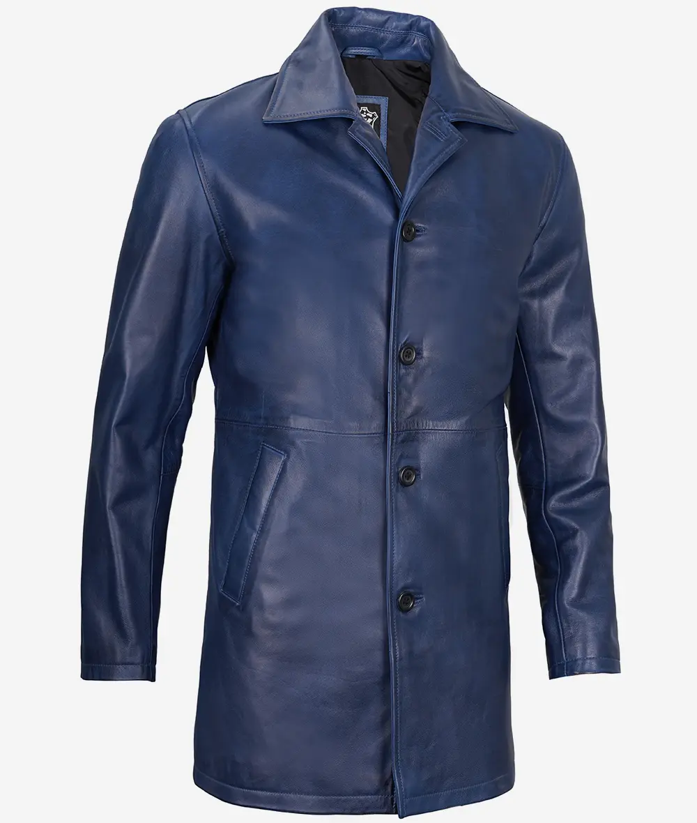 Mens 3/4 Length Blue Waxed Leather Car Coat