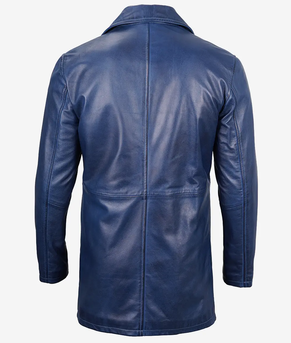 Mens 3/4 Length Blue Waxed Leather Car Coat