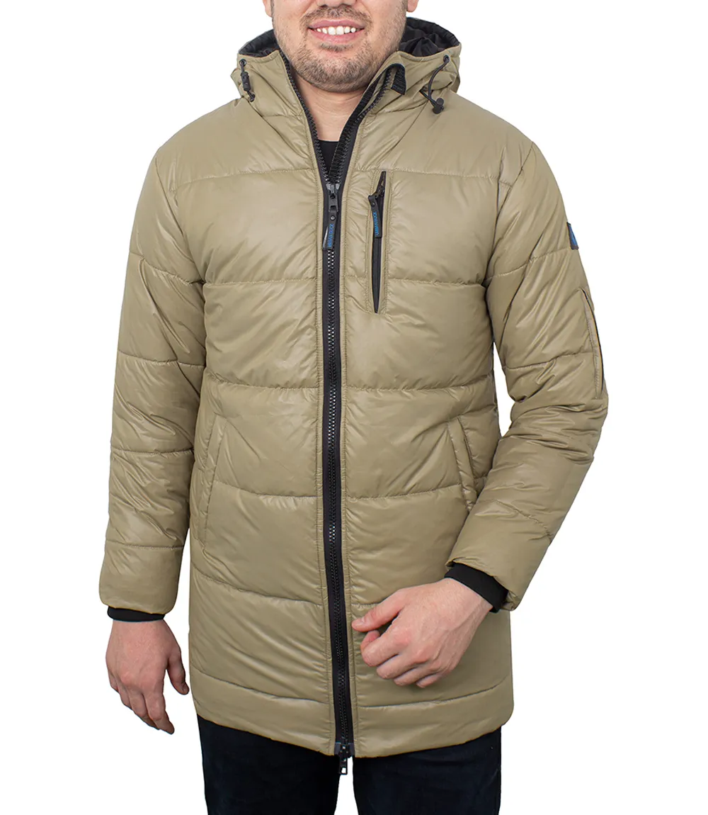 Mens Beige 3/4 Length Puffer Coat With Hood