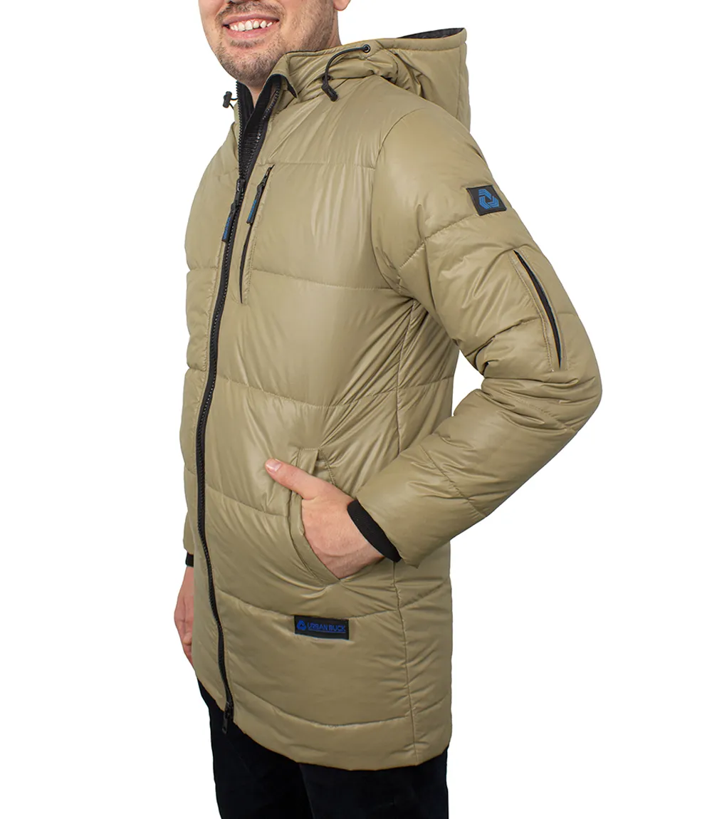 Mens Beige 3/4 Length Puffer Coat With Hood