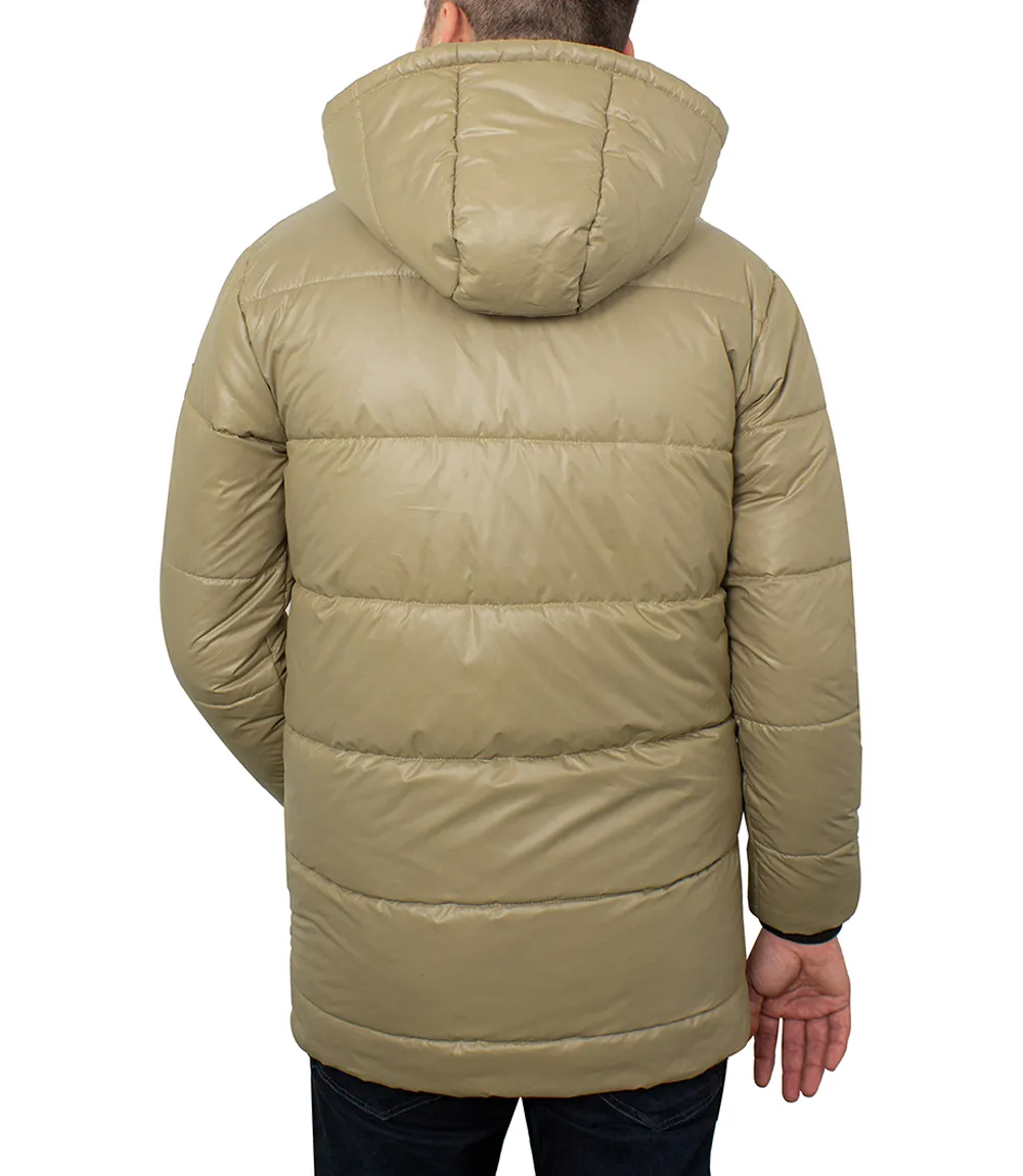 Mens Beige 3/4 Length Puffer Coat With Hood