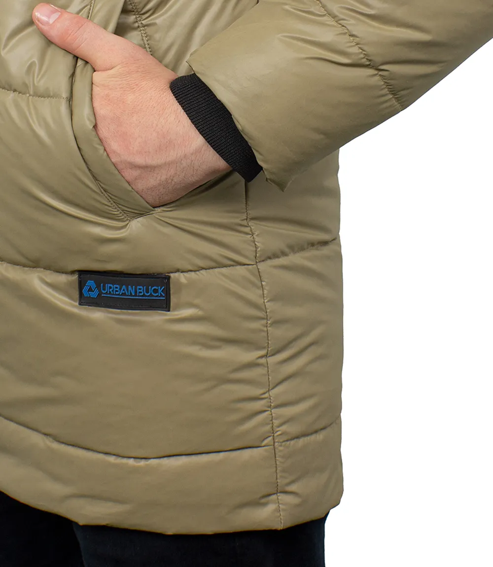 Mens Beige 3/4 Length Puffer Coat With Hood