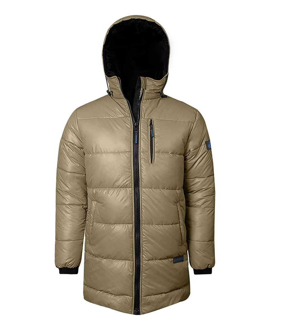 Mens Beige 3/4 Length Puffer Coat With Hood