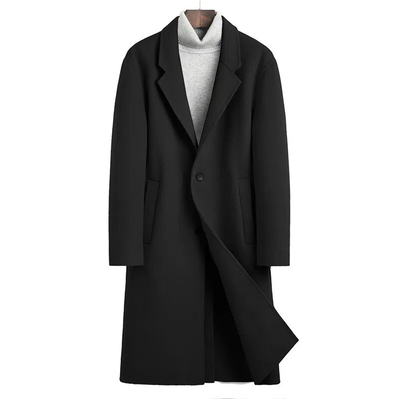 Men's Casual Double-sided Wool V-Neck Single Breasted Long Trench Coat