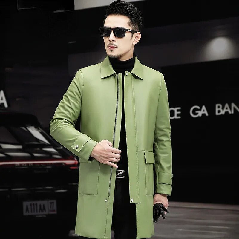 Men's Casual Solid Genuine Leather Lapel Zipper Windbreaker Coat