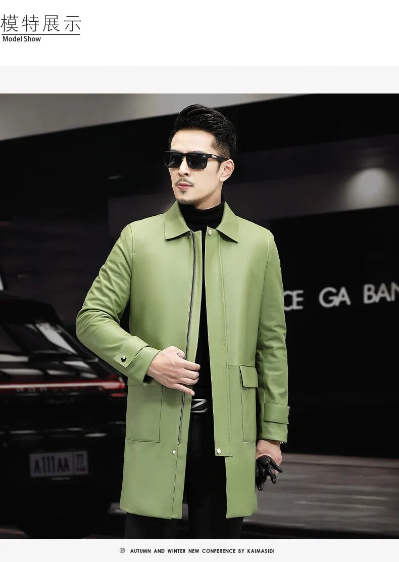 Men's Casual Solid Genuine Leather Lapel Zipper Windbreaker Coat