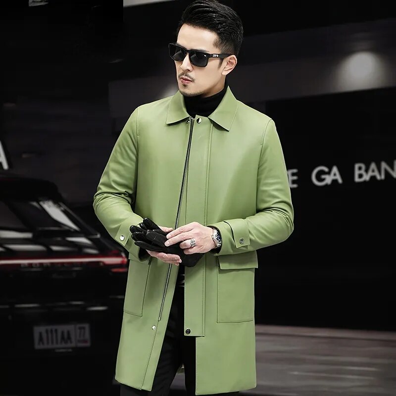 Men's Casual Solid Genuine Leather Lapel Zipper Windbreaker Coat