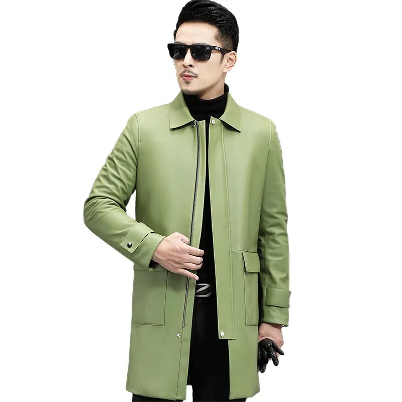 Men's Casual Solid Genuine Leather Lapel Zipper Windbreaker Coat