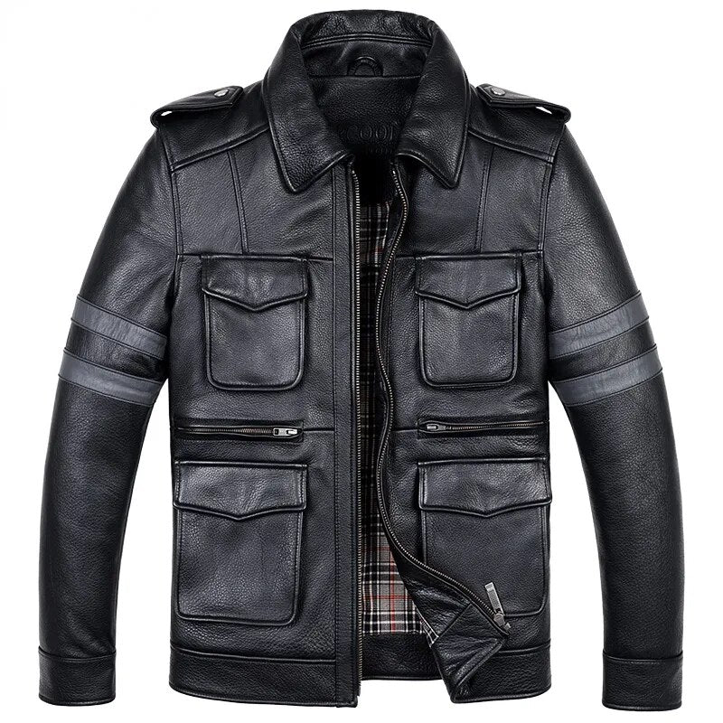 Men's Casual Thick Cowhide Motorcycle Turn-Down Collar Street Jacket