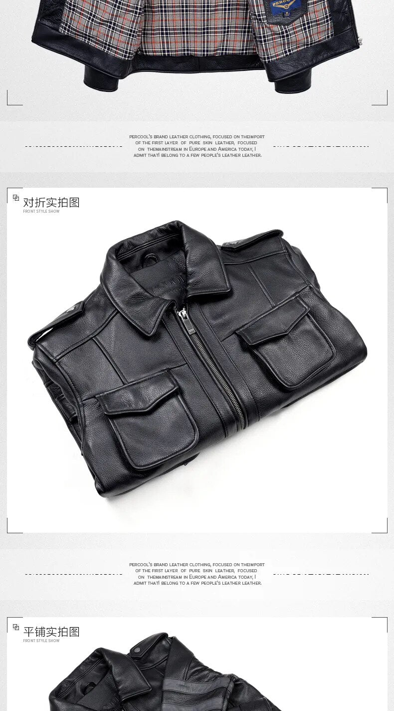 Men's Casual Thick Cowhide Motorcycle Turn-Down Collar Street Jacket