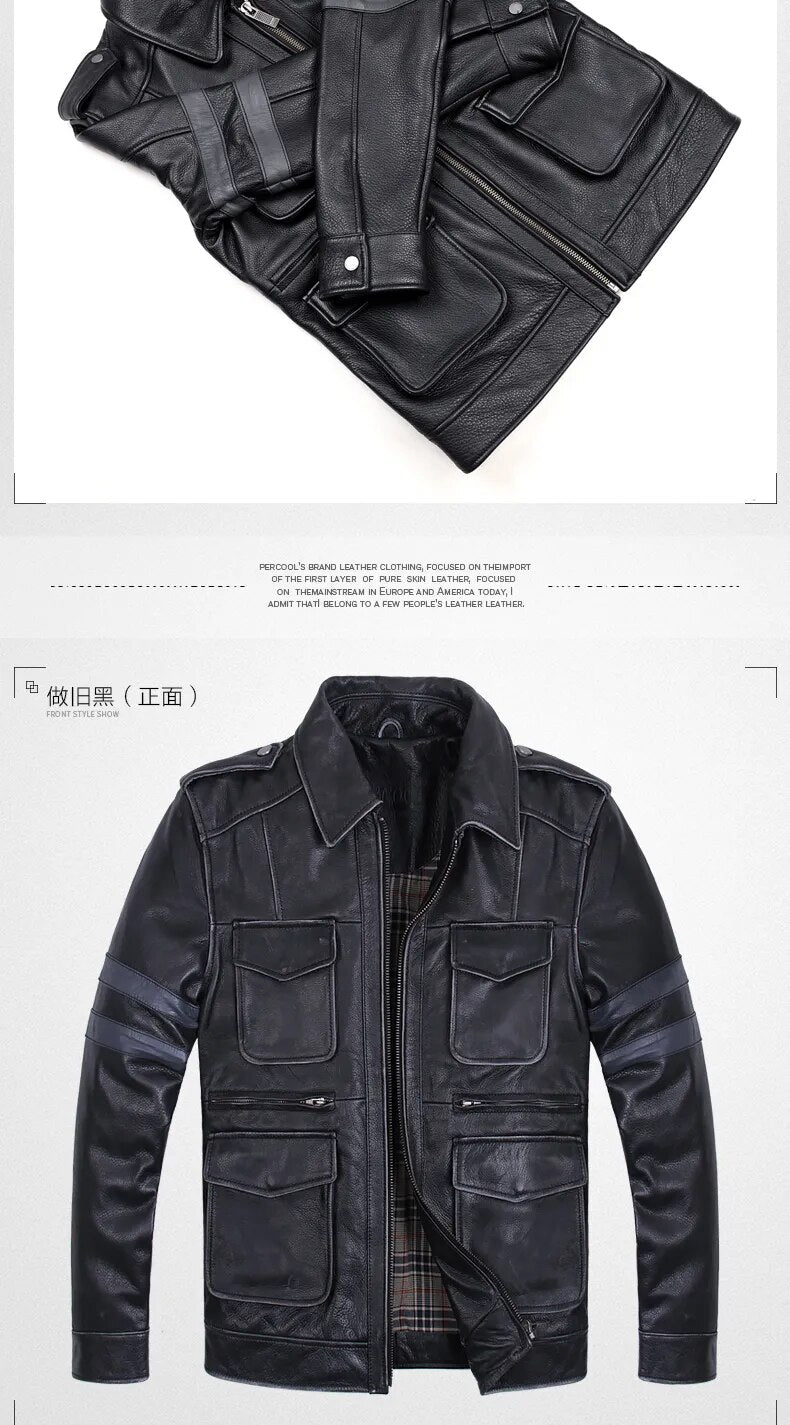 Men's Casual Thick Cowhide Motorcycle Turn-Down Collar Street Jacket