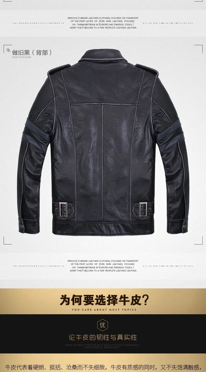 Men's Casual Thick Cowhide Motorcycle Turn-Down Collar Street Jacket