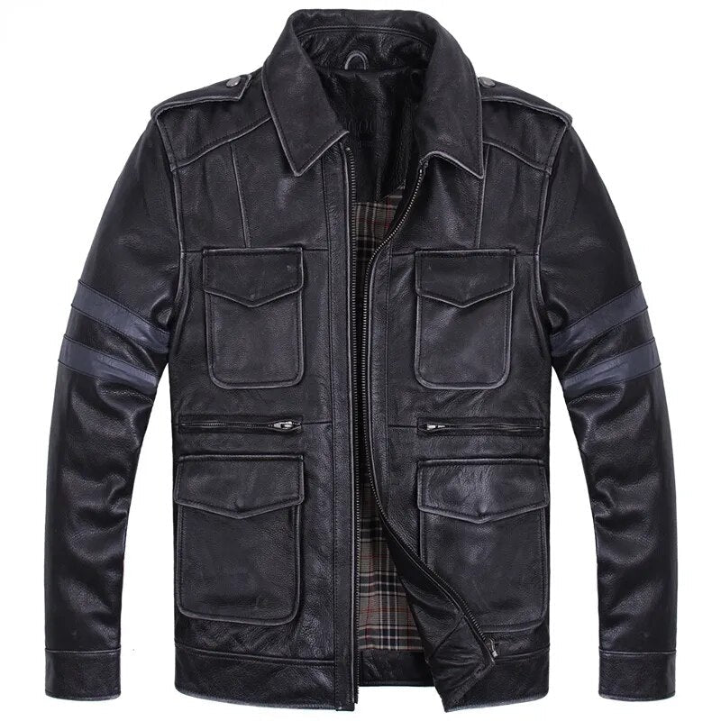 Men's Casual Thick Cowhide Motorcycle Turn-Down Collar Street Jacket