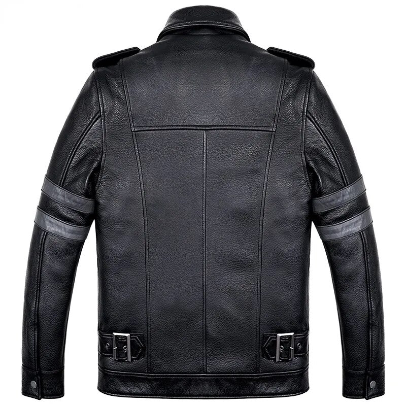 Men's Casual Thick Cowhide Motorcycle Turn-Down Collar Street Jacket