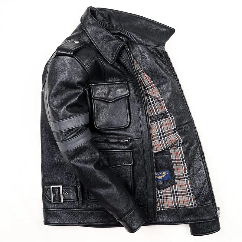 Men's Casual Thick Cowhide Motorcycle Turn-Down Collar Street Jacket