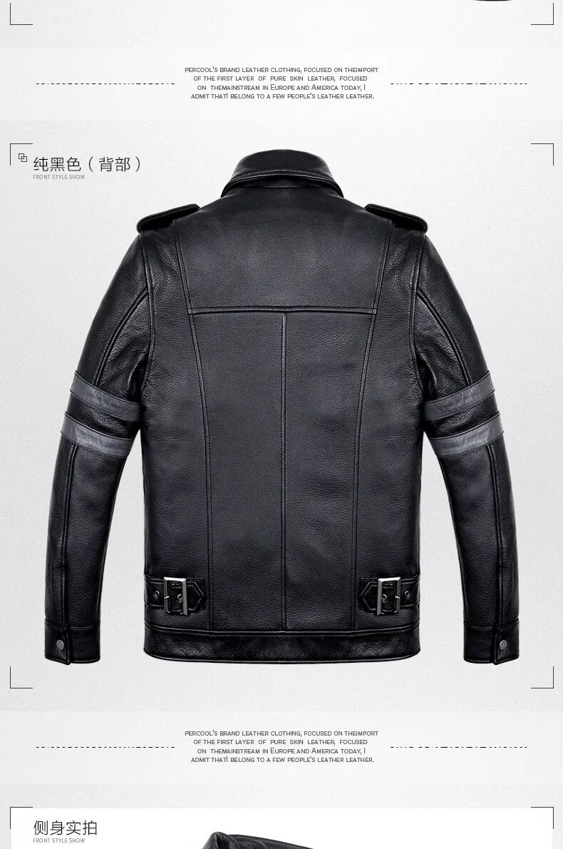 Men's Casual Thick Cowhide Motorcycle Turn-Down Collar Street Jacket