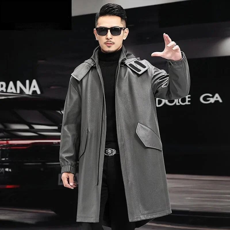 Men's Genuine Leather Hooded Windbreaker Formal Business Style Long Coat