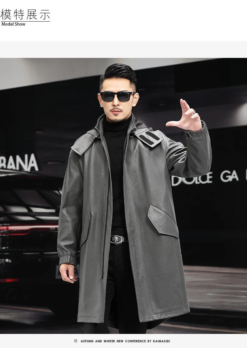 Men's Genuine Leather Hooded Windbreaker Formal Business Style Long Coat