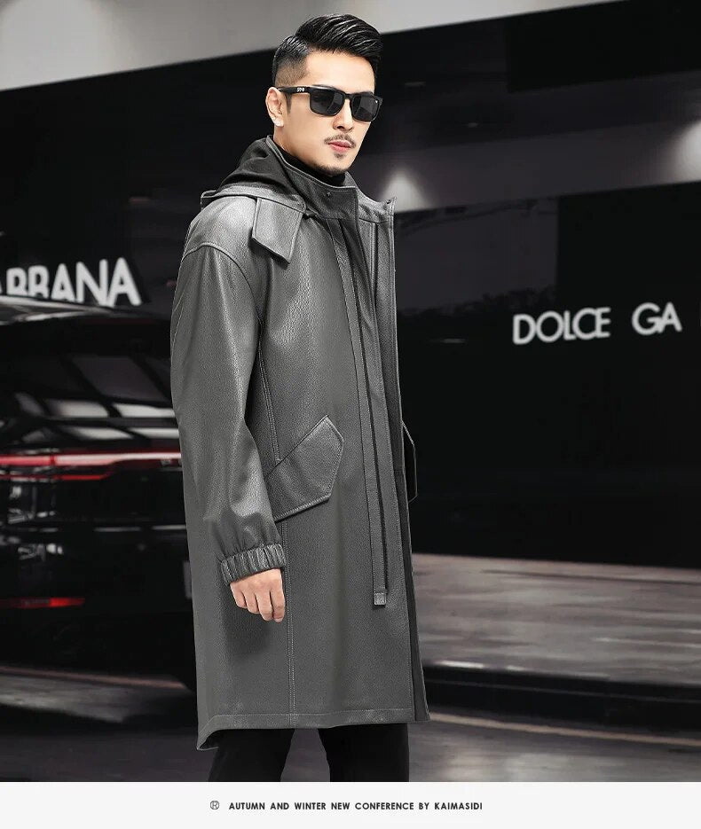 Men's Genuine Leather Hooded Windbreaker Formal Business Style Long Coat